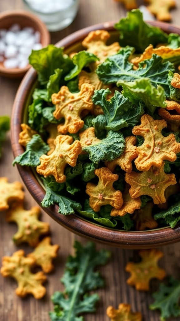 Crispy kale chips in a bowl, scattered around, with sea salt on a rustic table.
